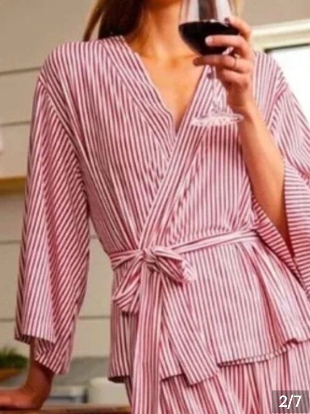Striped Red & White Wrap Kimono Robe with Self-Tie Belt - Intimates. Sz.XL.